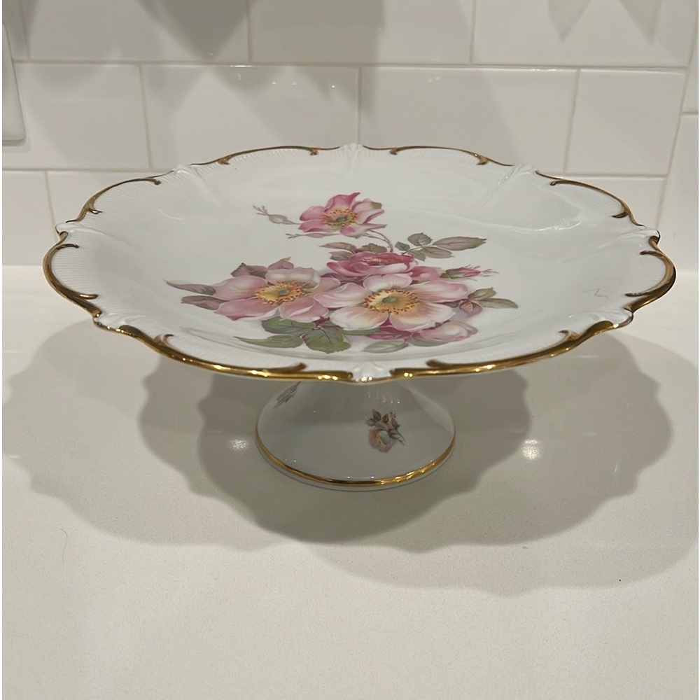 STUNNING! Vintage Schumann Arzberg Golden Crown Floral Cake Stand! Wild Rose 35.